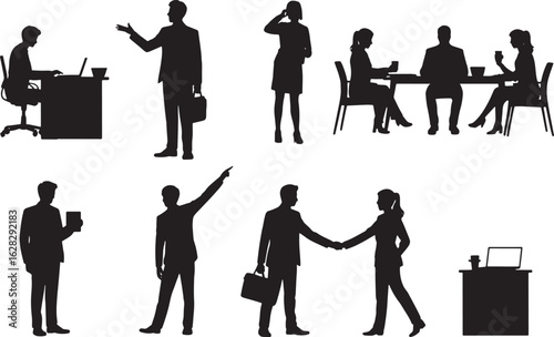 Silhouettes of Business Professionals in Various Poses Against a Transparent Background Vector Art