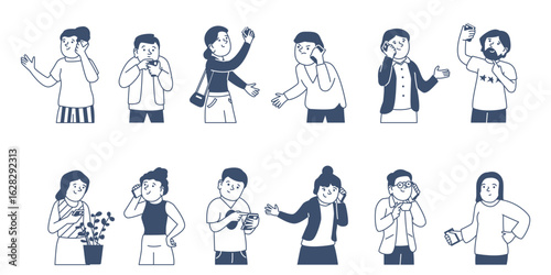 People using smartphones. Different emotional characters talking with smartphone, searching info in internet, messaging online. Digital activity recent vector set