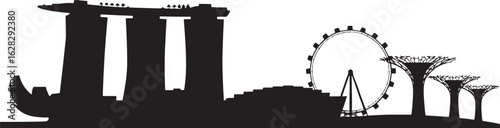 Singapore Skyline Silhouette Vector Illustration with Marina Bay Sands and Gardens by the Bay View