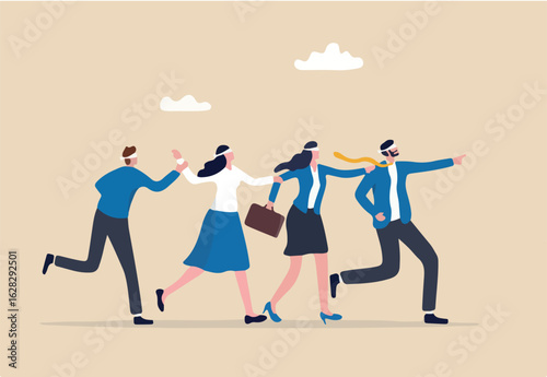 Blindly following, confusion or unknown situation, bad leadership, failure or mistake, struggle, trouble or hopeless direction concept, businesspeople blindfold follow leader in crisis or despair.