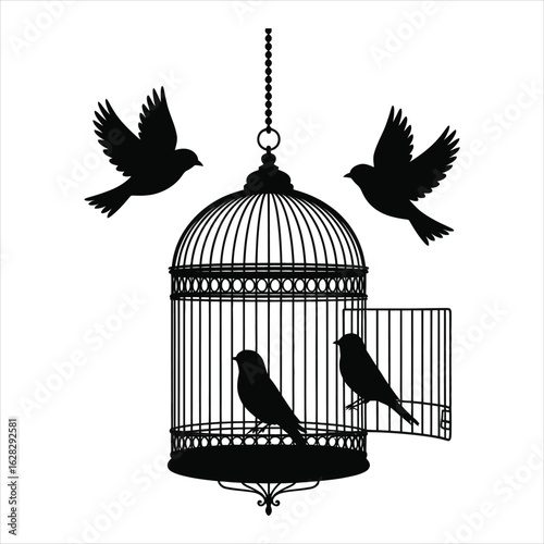 Birds flying free from an open cage symbolizing freedom and escape