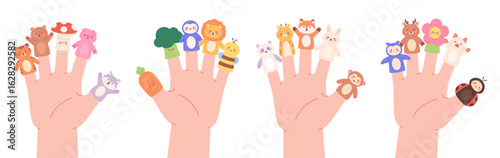 Finger puppets. Cute toys on children hand fingers for entertainment. Funny bear, tiger, fox, bunny bee deer flower. Marionettes for childish theater, racy vector set