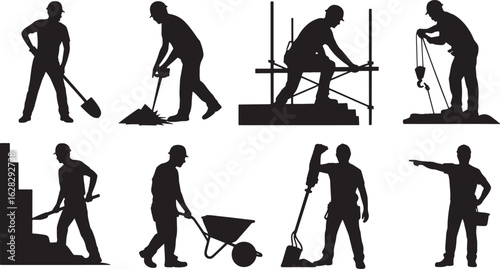 Construction Workers Silhouettes Set Diverse Laborers at Work Building and Repairing on Transparent Backdrop