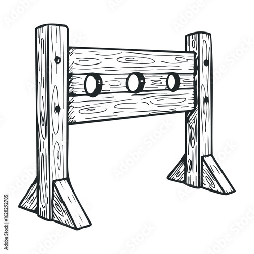 Wooden stockade displaying historical punishment methods outdoors illustration rustic side view concept of justice. Vector illustration