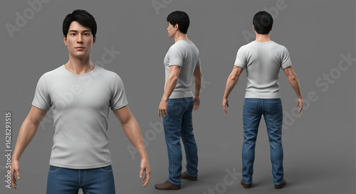 3D model of an Asian man in a t-shirt and jeans. Character design turnaround with front, side, and back orthographic views.