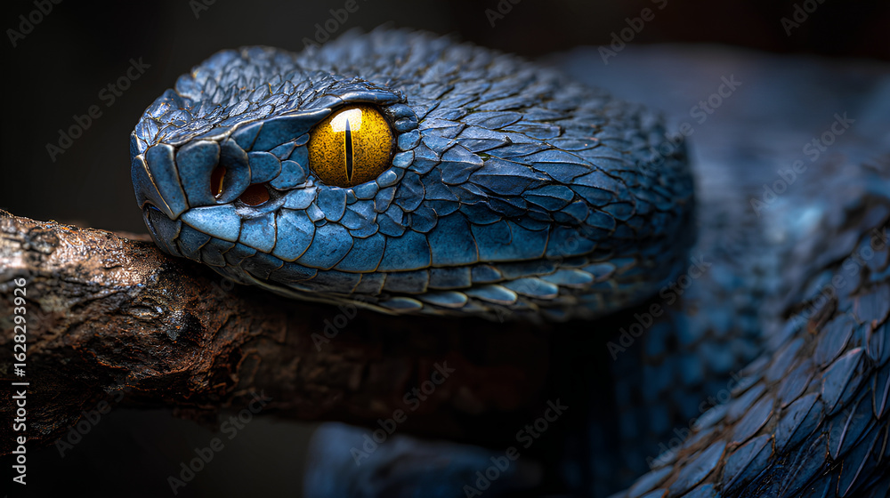 Fototapeta premium Blue Snake Resting on Branch with Striking Yellow Eyes Close Up