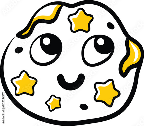 Cute kawaii cartoon planet with a happy face and star pattern. Adorable smiling celestial body, asteroid, or cookie mascot illustration.