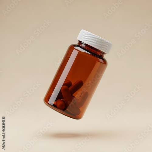 Amber Pill Bottle with Capsules 3D Render of Pharmaceutical Packaging