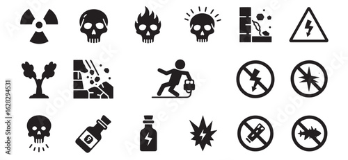 Dangerous symbols icons illustration set representing hazards and warnings across various environments