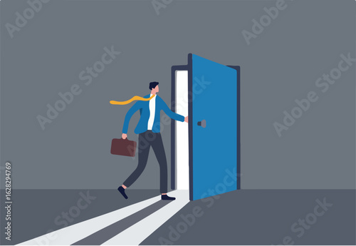 Open the door to find new opportunity, new job or get out of comfort zone, hope to find success, way to exit, escape to bright future concept, businessman open the door to see bright light coming in.