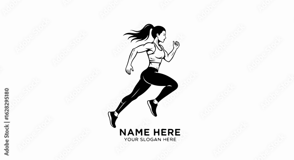 Obraz premium Black and white line art of a fit, muscular woman running with a flowing ponytail, depicted in a dynamic, athletic pose.