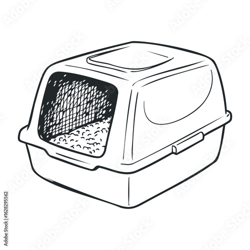 Cat litter box essentials home pet care indoor close-up cleaning and maintenance tips. Vector illustration
