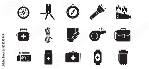 Essential survival tools and equipment silhouettes representing wilderness exploration and safety
