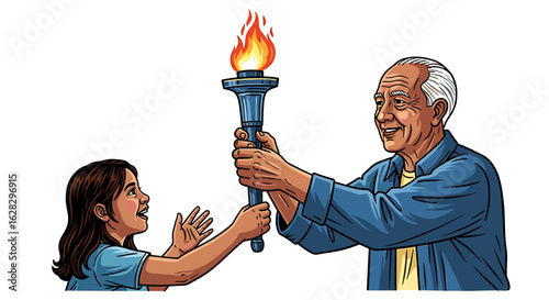 A senior man hands a torch to a young girl, symbolizing the passing of a legacy or a tradition.