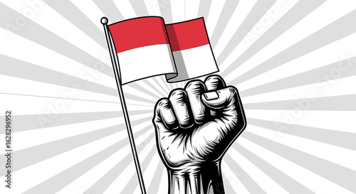 A raised fist holding an Indonesian flag, symbolizing national pride and strength.