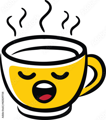 A cute yawning yellow coffee cup character feeling sleepy. A hand-drawn vector illustration for a morning caffeine boost concept.