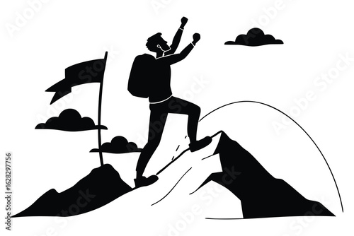 Flat silhouette of a mountain climber reaching the top