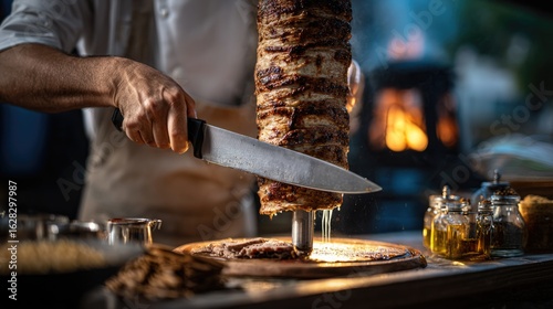 A Turkish chef slicing roasted doner kebab meat with  sharp knife