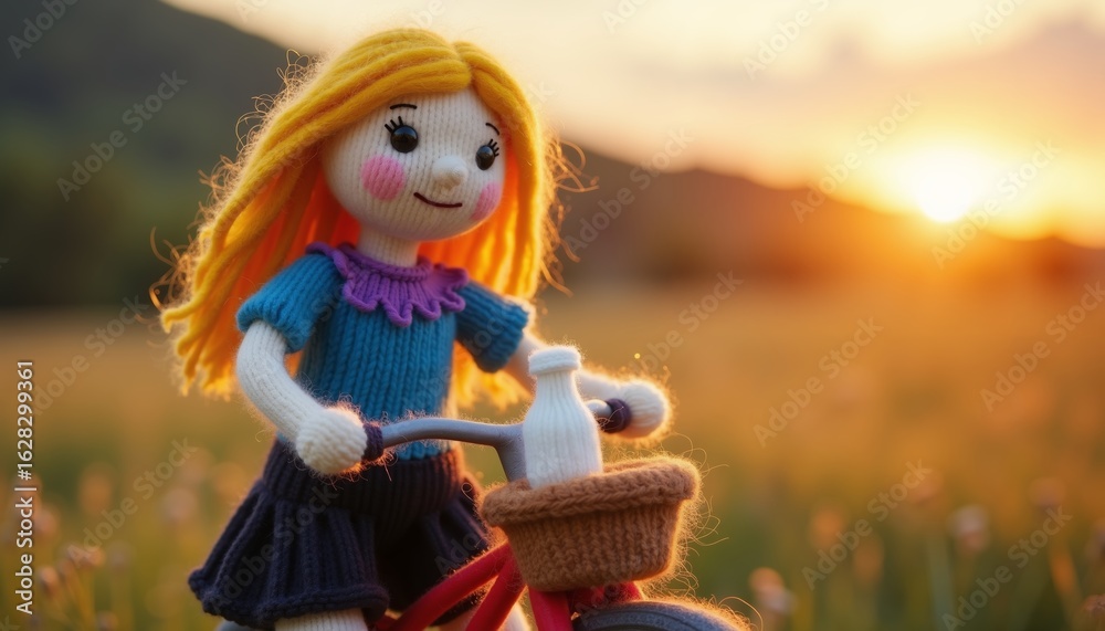Crochet doll riding bicycle in golden sunset over blooming meadow filled with wildflowers Crochet doll riding bicycle in golden sunset over blooming meadow filled with wildflowers