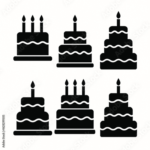 Celebration Cakes Collection Tiered Desserts with Candles Icon Set