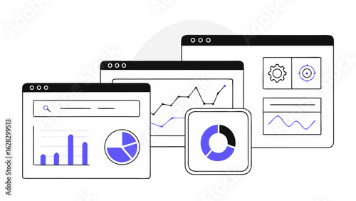 Clean UI Vector Art with Website Ranking Metrics, Featuring Interactive Charts, SEO Tools, and Sleek Digital Interface Elements