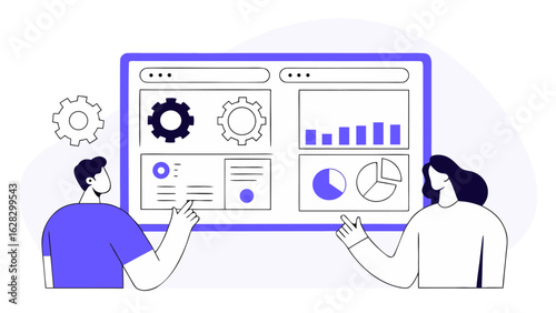 Digital Business Strategy with Professionals Reviewing Website Performance on a Futuristic Dashboard, Featuring Gears, Graphs, and Marketing Insights2