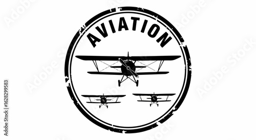 Vintage Aviation Logo with Biplane Silhouettes in a Distressed Circular Stamp