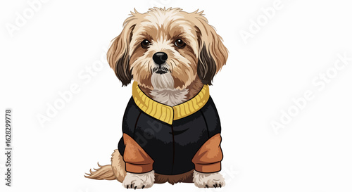Charming fluffy brown dog in a stylish black jacket with a yellow ribbed collar.