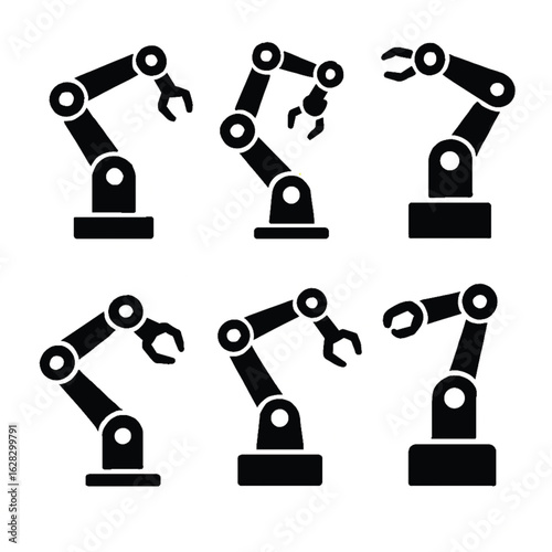 Collection of industrial robotic arm silhouettes. Automation and manufacturing technology icons.