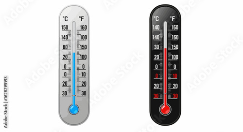 Classic black and white thermometers indicating hot and cold temperatures with dual Celsius and Fahrenheit scales.