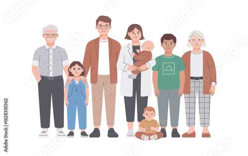 Happy Family Illustration Featuring Grandparents Parents and Children Together Representing Generations Bonding Love and Unity in Bright Flat Style Isolated on White Background