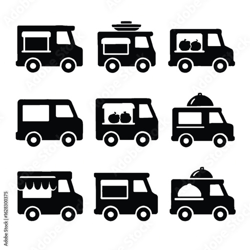 Food truck silhouette icon set for mobile catering and street food service
