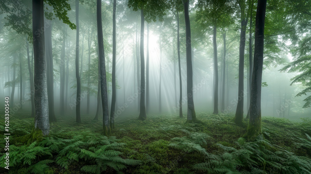 Fototapeta premium Forest with foggy trees and a sunbeam shining through the trees
