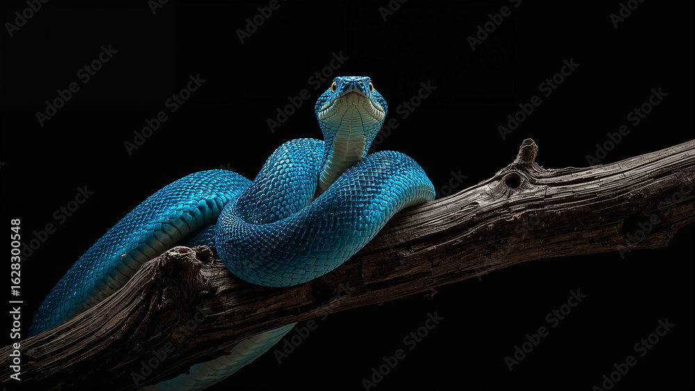 Fototapeta premium Blue Pit Viper Coiled on a Branch Against a Black Background snake