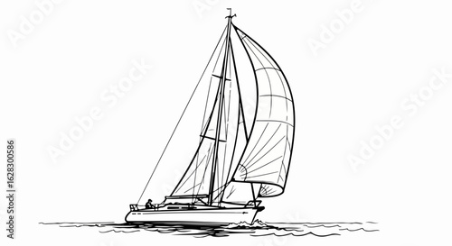 Hand-drawn sketch of a modern sloop sailboat with a full spinnaker sail, navigating the waves.