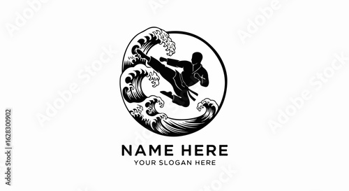 Monochrome emblem of a karate fighter performing a dynamic flying kick inside a circle with stylized waves.