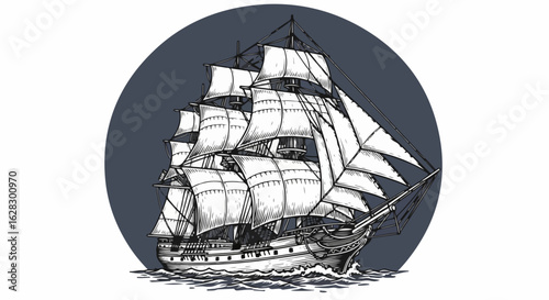 Majestic tall sailing ship with full sails, hand-drawn in a classic black and white engraving style.