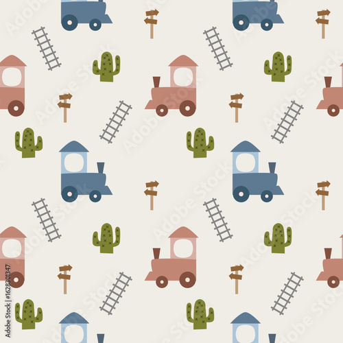 Locomotive red and blue cartoon so cute. On cactus railway sign background. Pattern seamless vector illustration. 