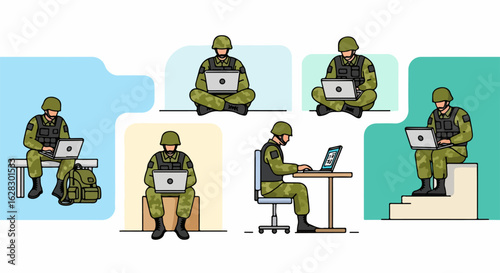 Set of illustrated soldiers in camouflage uniforms and helmets using laptops in various poses.