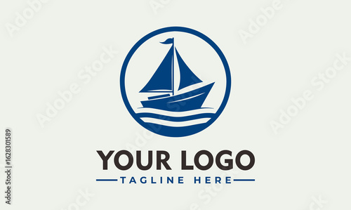 A blue sailboat with a flag sailing on waves, enclosed in a blue circle.