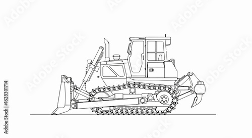 Side profile line art of a heavy construction bulldozer with a front blade and rear ripper.
