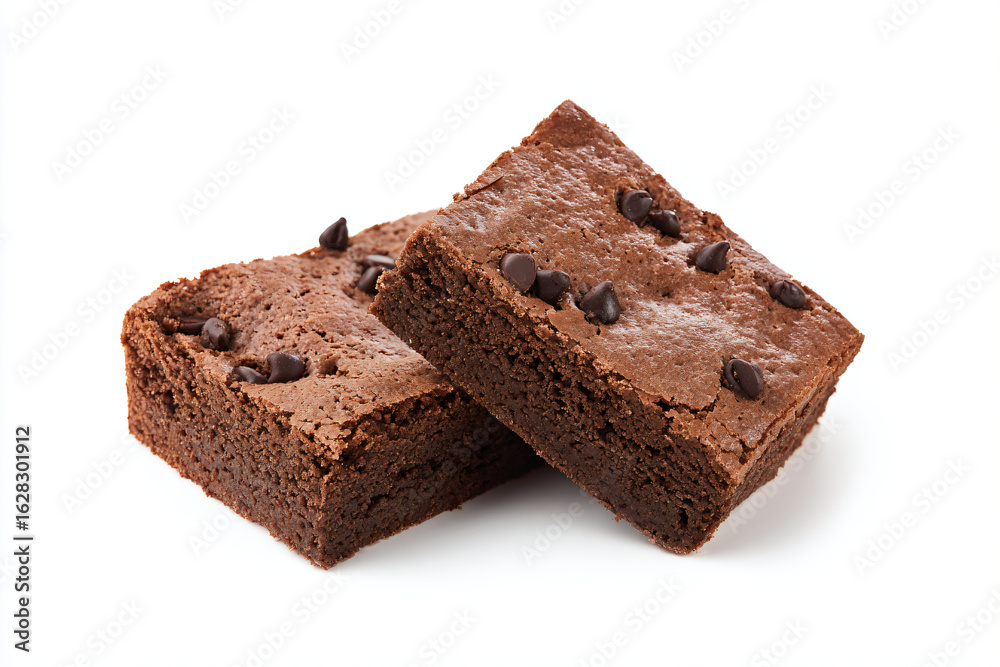 two pieces of chocolate brownies with chocolate chips on top two pieces of chocolate brownies with chocolate chips on top