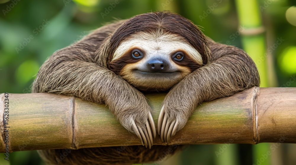 Fototapeta premium Smiling sloth resting on bamboo branch outdoors