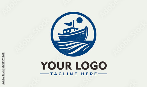A stylized logo featuring a small boat on stylized waves, set within a circle, with a moon and flag.