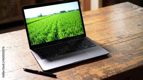 A gray laptop sits on a rustic wooden table, displaying a picture of a vibrant green rice paddy