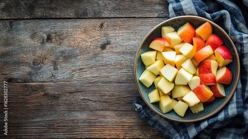Sliced apples in a bowl on a wooden table