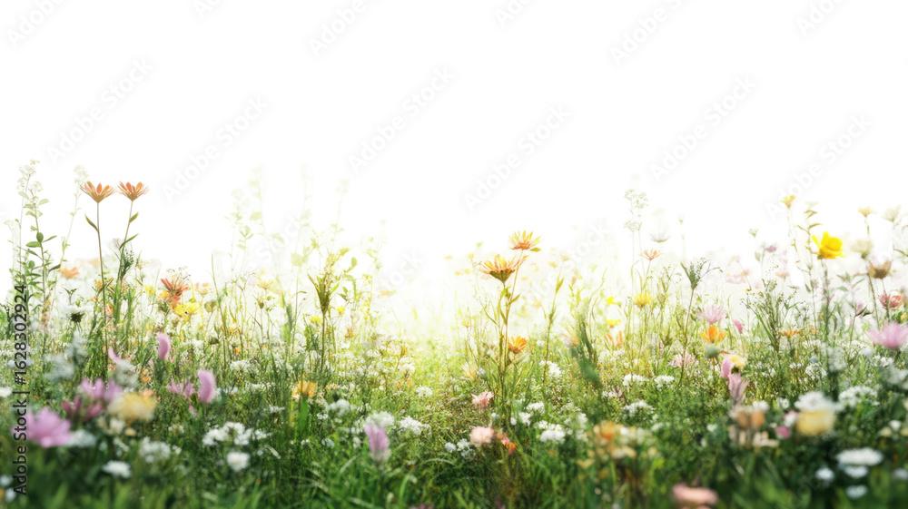 Fototapeta premium Meadow PNG element featuring flowers and plants on white background 