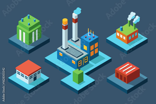 Isometric industrial buildings and factories on blue platforms