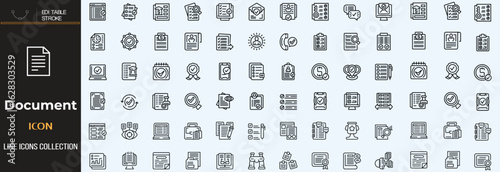 Document set of web icons in line style. Documents linear icon collection. Containing contract papers, folder, certificate, accept, approved, clipboard, invoice, archive and more. Editable stroke