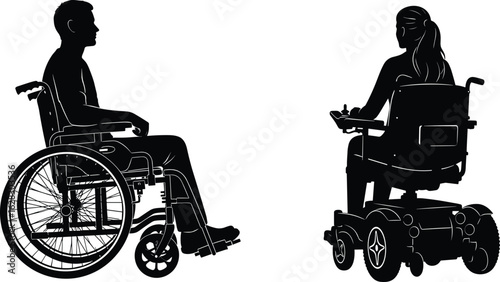 Wheelchair and electric wheelchair comparison, mobility aids, inclusive design, disabled independence, assistive technology, silhouette illustration, healthcare equipment